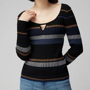 WHITE HOUSE BLACK MARKET Long Sleeve Stripe Keyhole Pullover Sweater